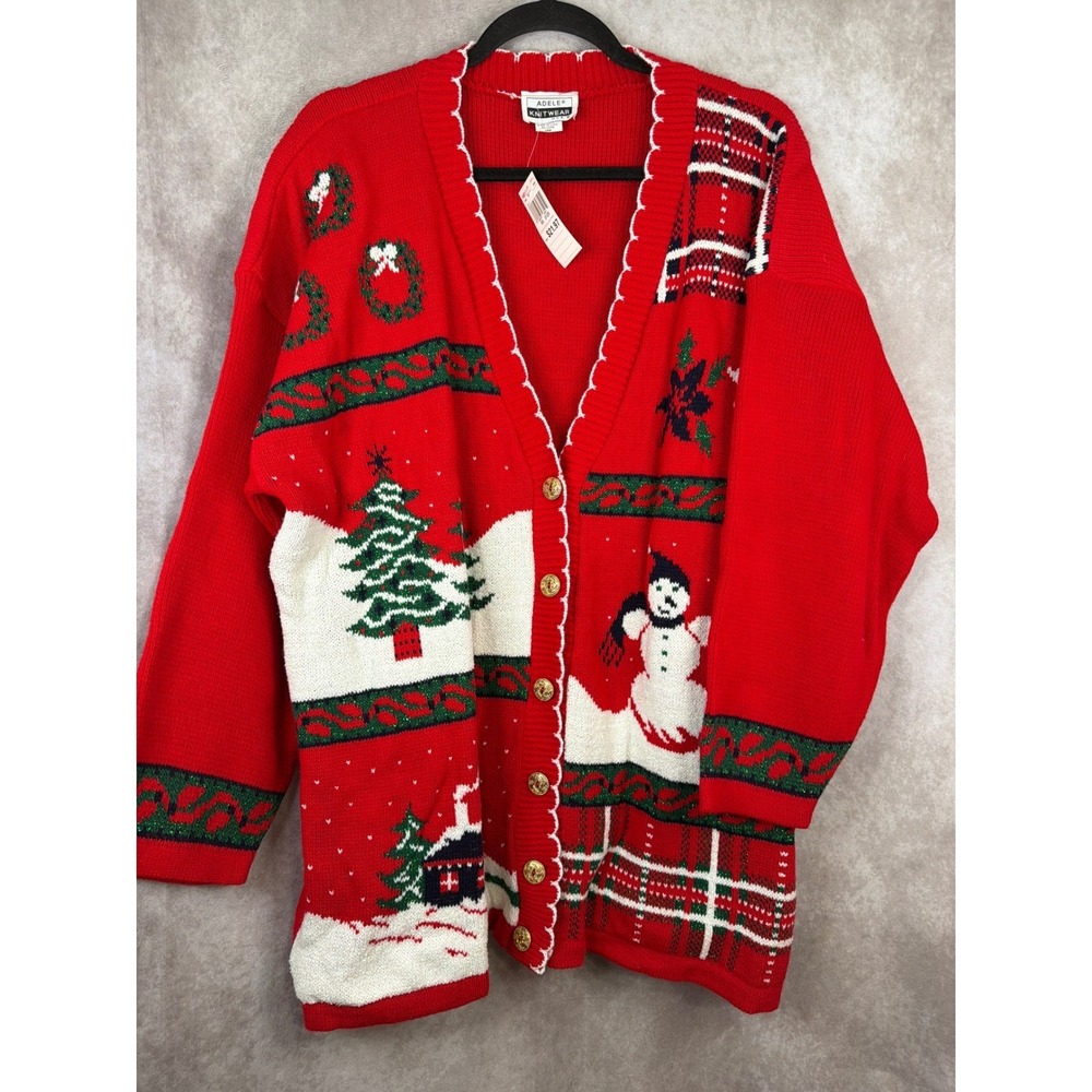 NWT Adele‎ Knitwear Womens 18W Red Christmas Snowman Tree Plaid Cardigan Sweater